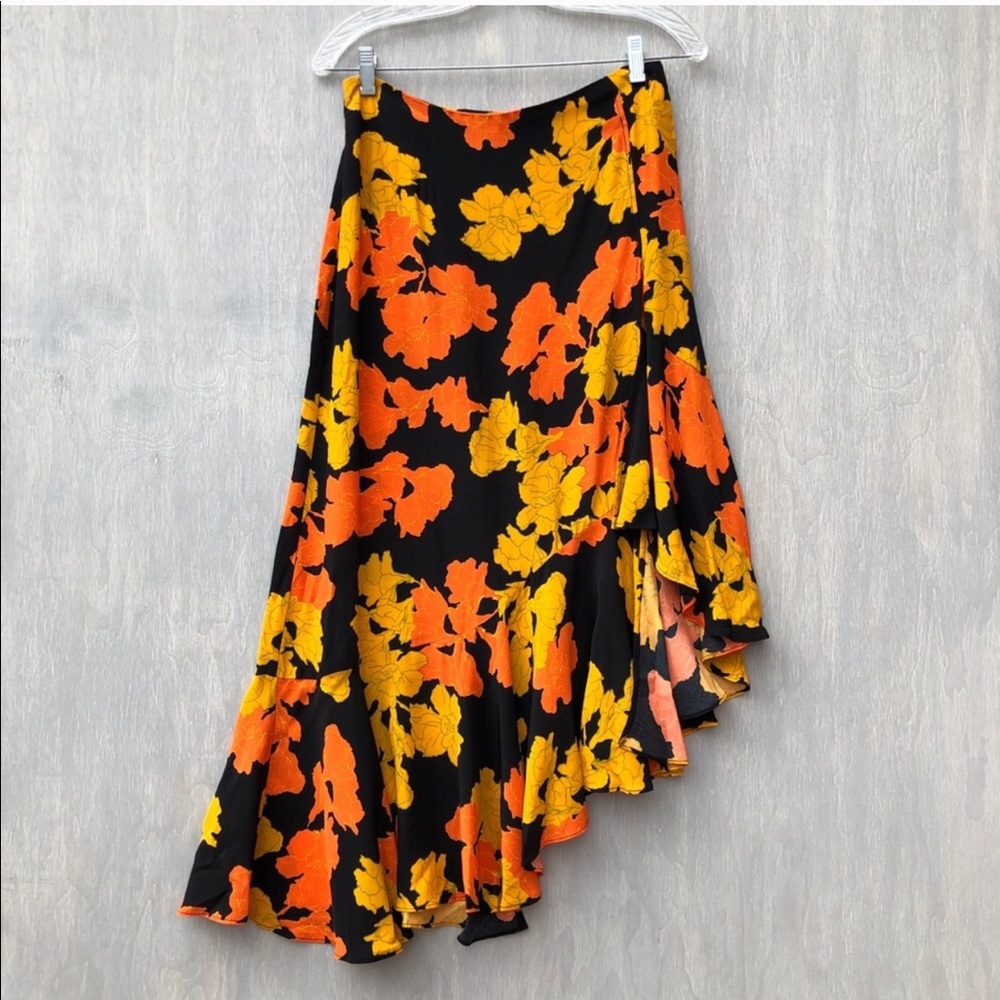 Topshop fun Midi Skirt. Asymmetrical Floral with Orange & Yellow Blooms